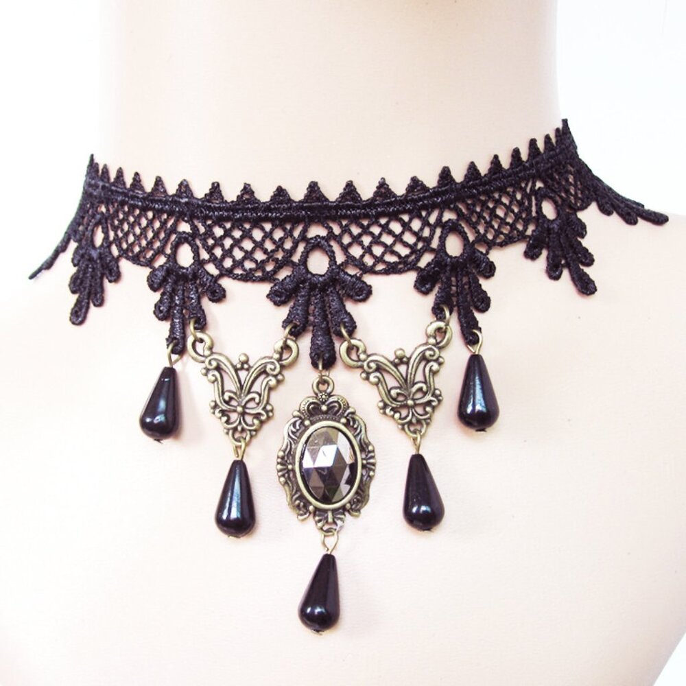 vintage black crystal lace women's choker necklace